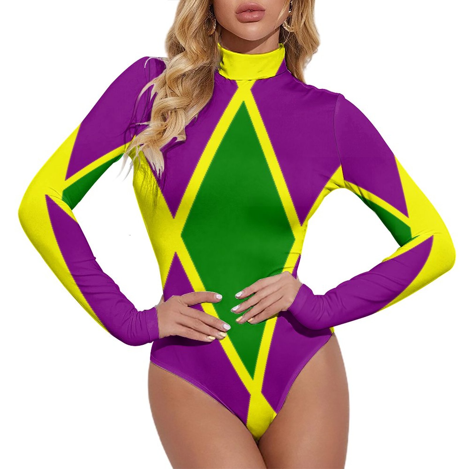 Mardi Gras Fat Tuesday Harlequin Women Mock Turtle Neck Long Sleeve Tops Bodysuit Slim Fit Body Suit Basic T Shirts Jumpsuit