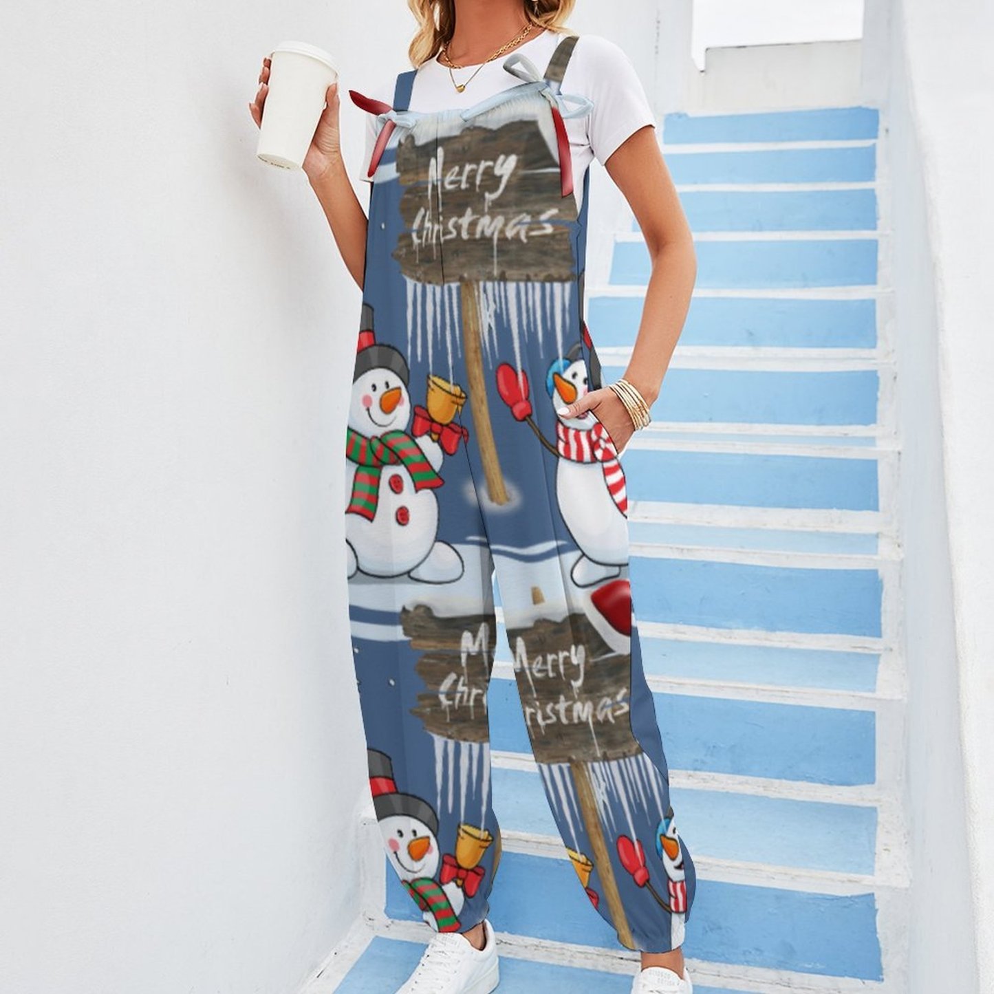 Personalized Women Merry Christmas Snowman Santa Hat Baggy Harem Overall Jumpsuit