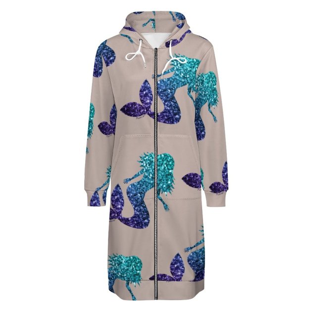 Mermaid Aqua Blue Ombre Sparkles Zip Up Long Hoodie Jacket Women Tunic Sweatshirt Plus Size Open Front Cardigan Outfits