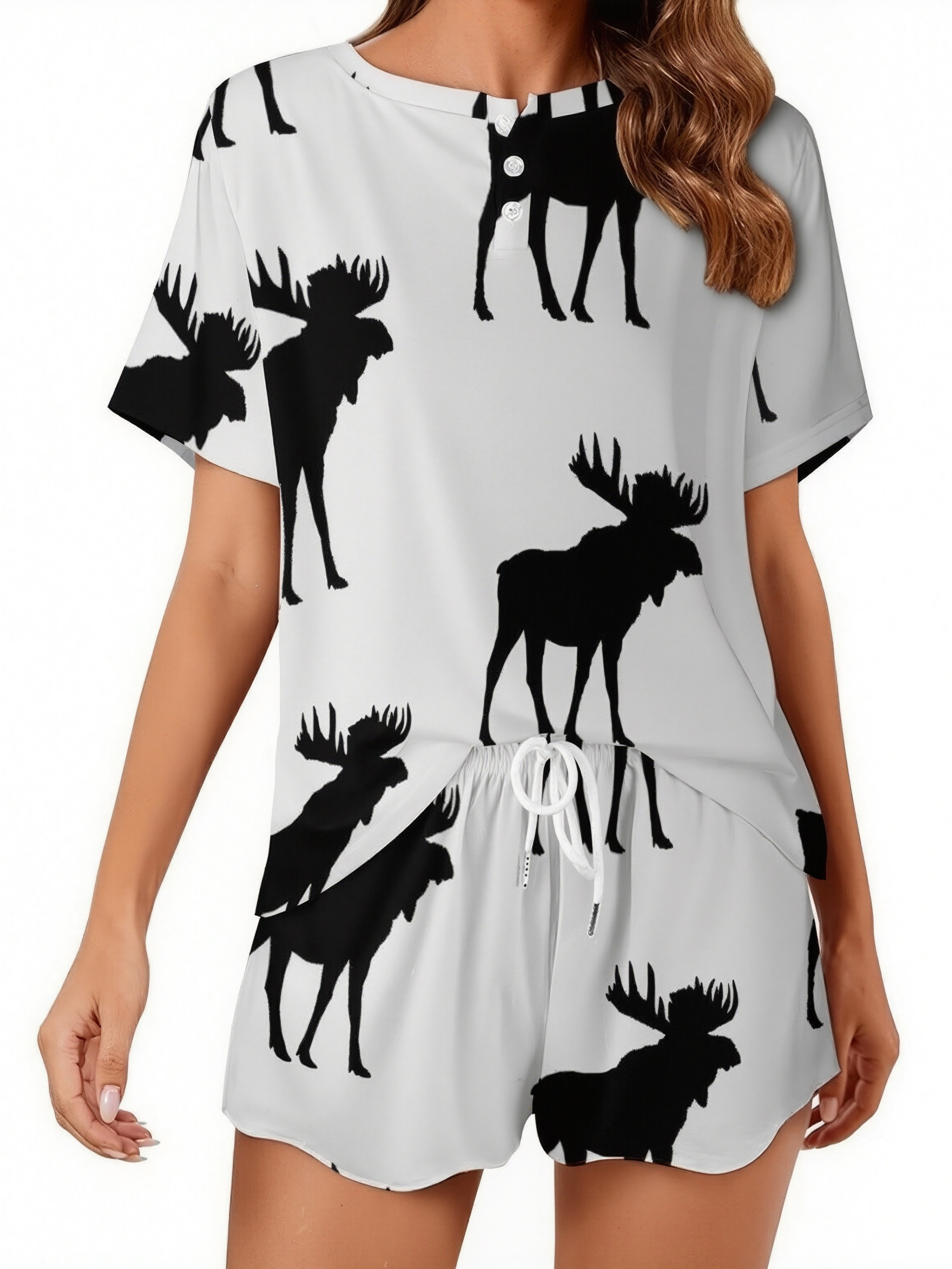 Funny Vintage Moose Silhouette Women Short Sleeve Tops and Shorts Pajama Sets Casual Two Piece Sleepwear Plus Size Pj Sets