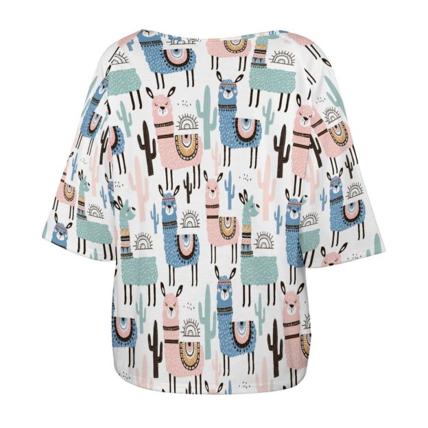 Funny Vintage Llama And Cactus 3/4 Bell Sleeve T-Shirt Elbow Length Basic Tunics Tops for Women-Charlylifestyle