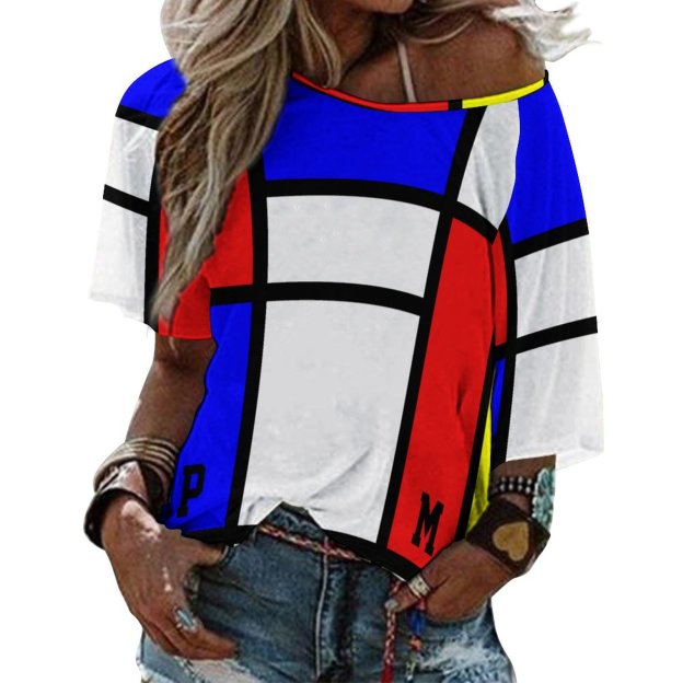 Initials Piet Mondrian Style Modern Art 3/4 Bell Sleeve T-Shirt Elbow Length Basic Tunics Tops for Women-Charlylifestyle