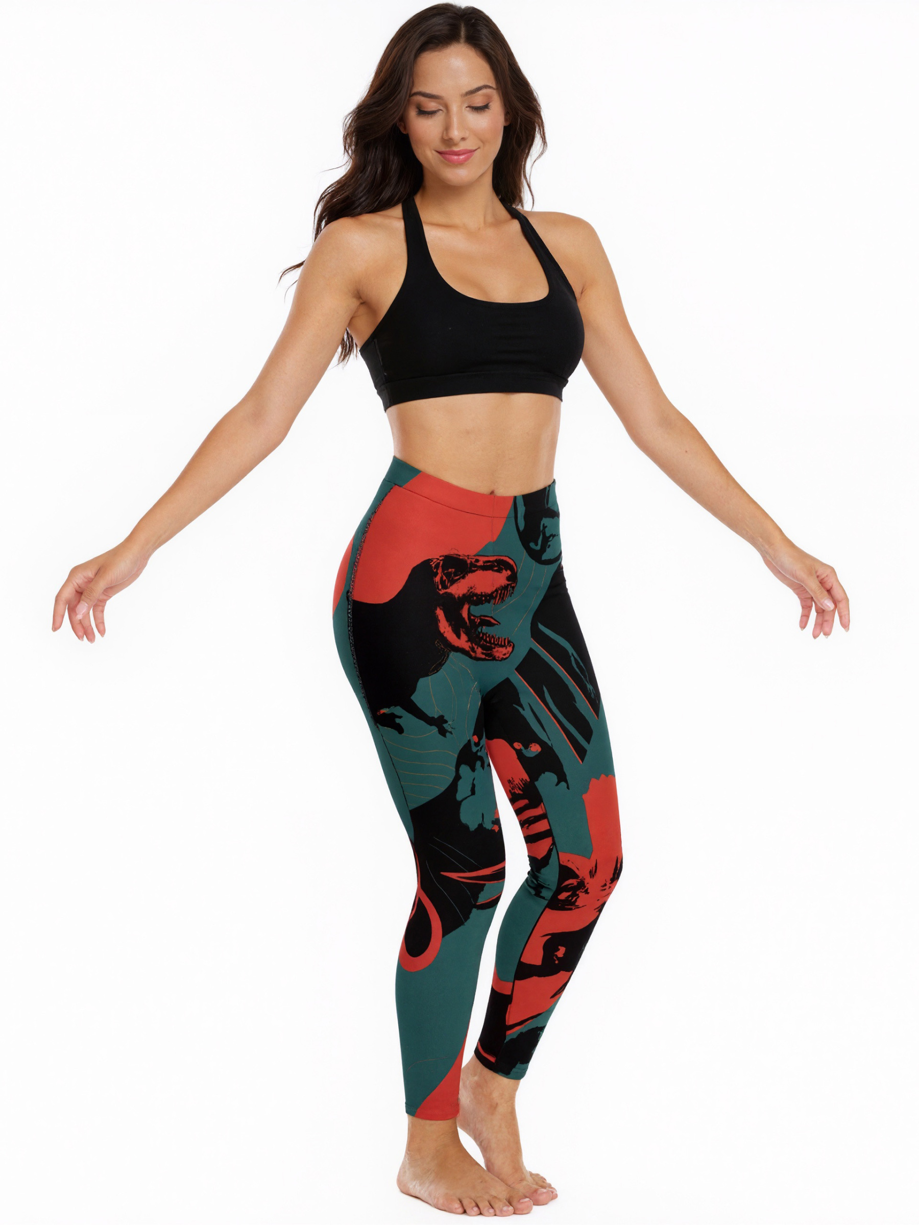 Jurassic World Black Red Grey Printed Womens High Waist Workout Leggings Wide Waistband Sports Thin Fit Gym Yoga Pants