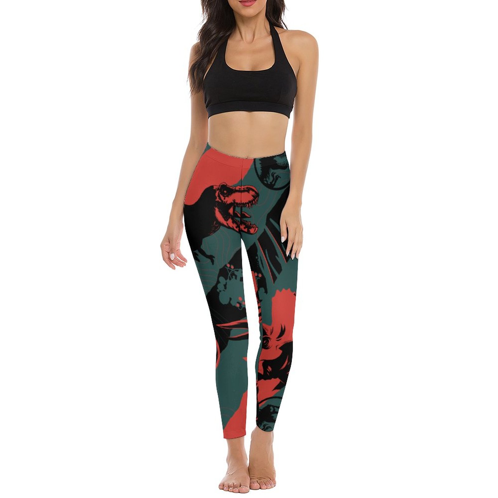 Jurassic World Black Red Grey Printed Womens High Waist Workout Leggings Wide Waistband Sports Thin Fit Gym Yoga Pants