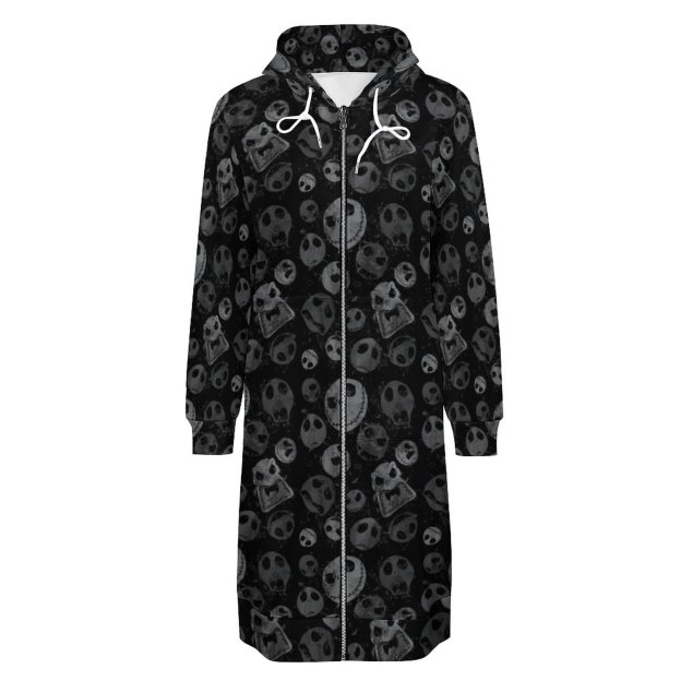 Funny Jack Skellington Pattern Zip Up Long Hoodie Jacket Coat Women Tunic Sweatshirt Plus Size Open Front Cardigan Outfits