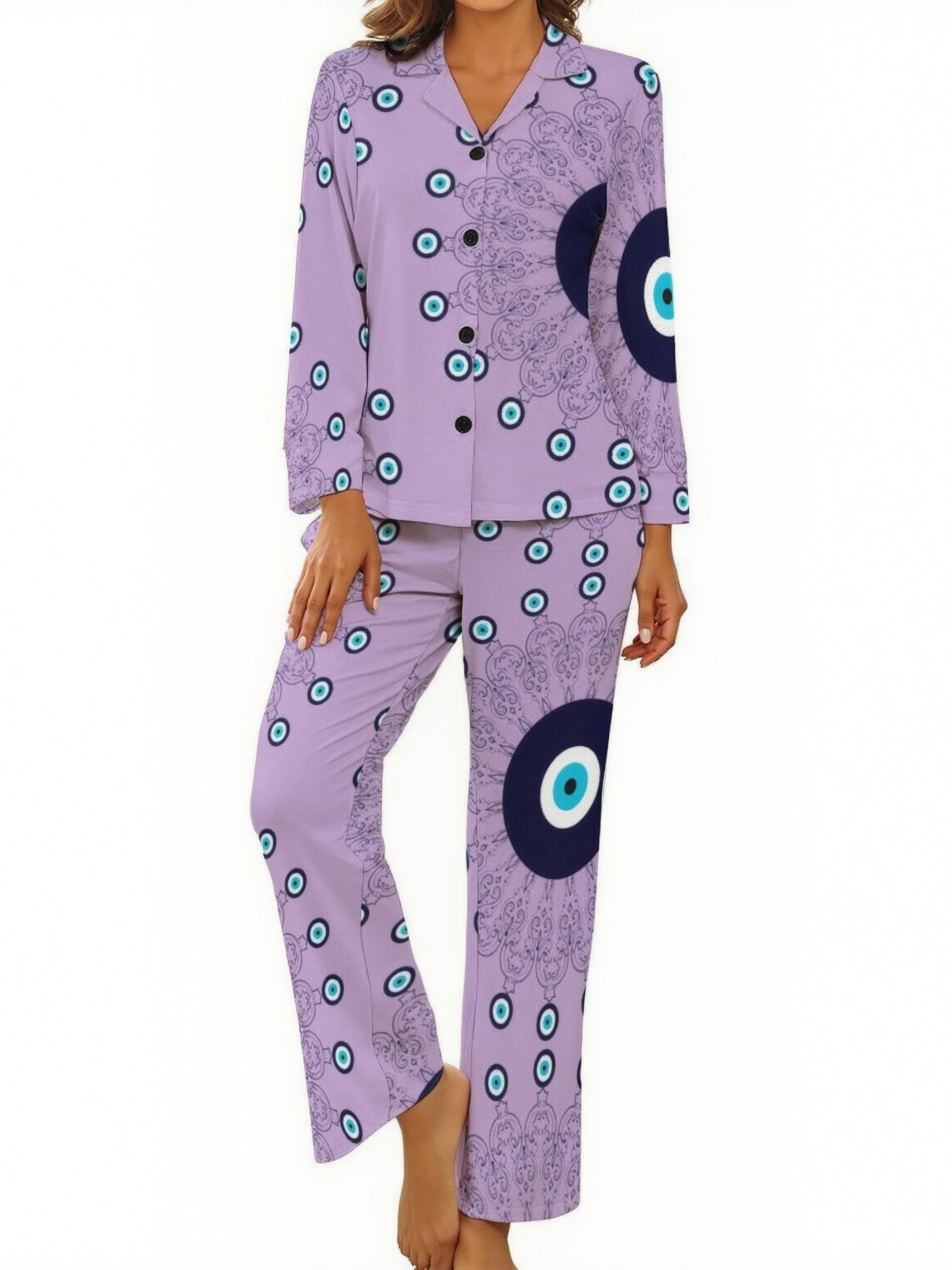 Mediterranean Blue Aqua Evil Eye Mandala Women Long Sleeve Two Piece Sleepwear Soft Button Down Loungewear Pjs Set Nightwear