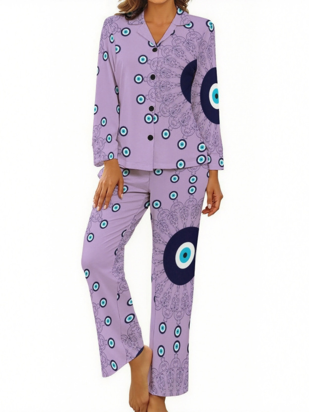 Mediterranean Blue Aqua Evil Eye Mandala Women Long Sleeve Two Piece Sleepwear Soft Button Down Loungewear Pjs Set Nightwear