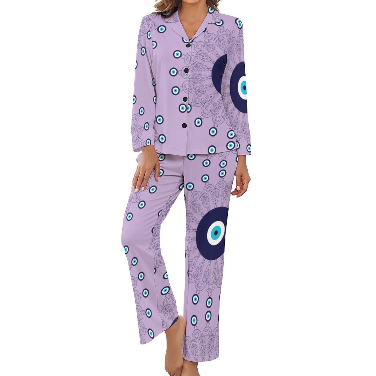 Mediterranean Blue Aqua Evil Eye Mandala Women Long Sleeve Two Piece Sleepwear Soft Button Down Loungewear Pjs Set Nightwear