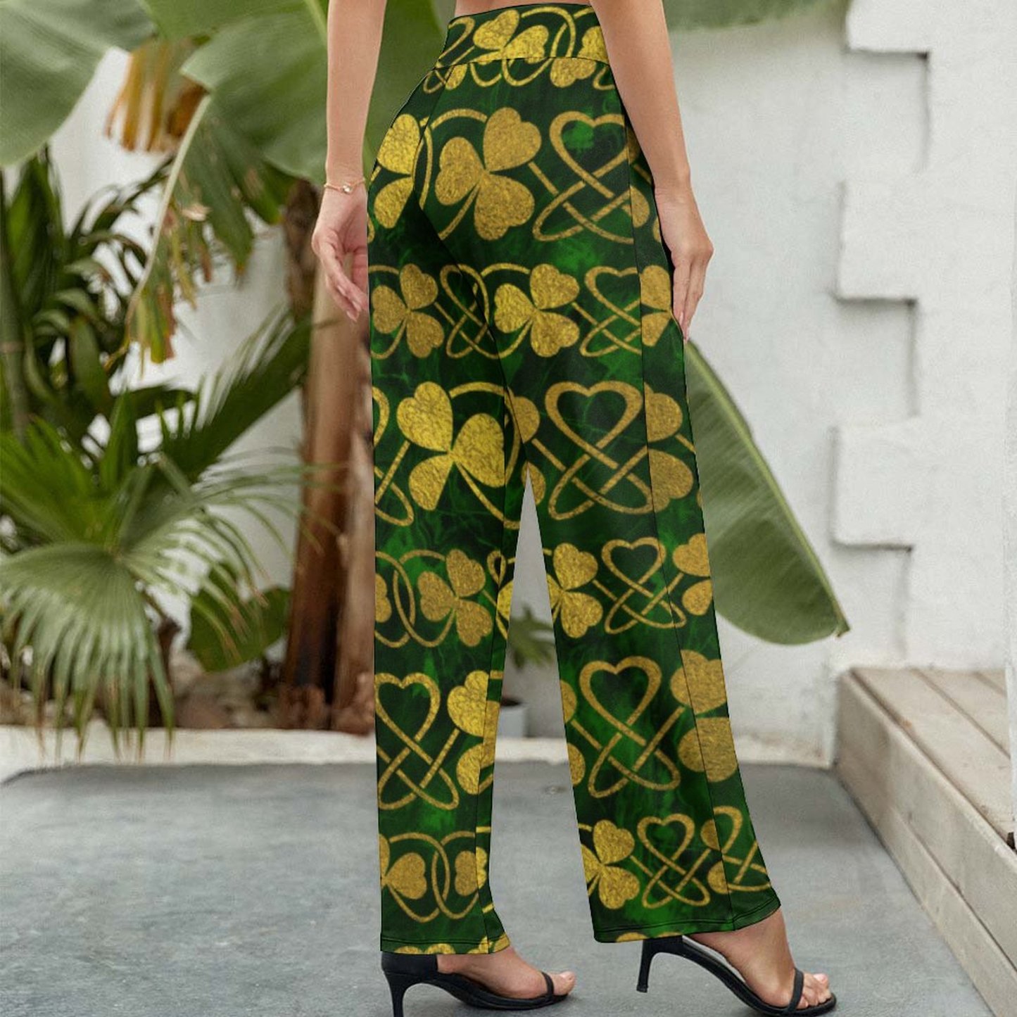 S-2XL Irish Shamrock Clover Gold And Green Women's High Waist Wide Leg Long Palazzo Lounge Pants-Charlylifestyle