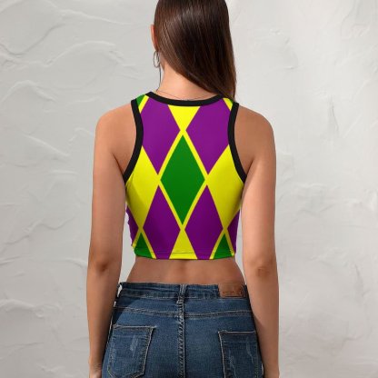 Women Mardi Gras Fat Tuesday Harlequin Crew Neck Crop Tank Basic Sleeveless Graphic Hippie Boyfriend Style Tee Tops-Charlylifestyle
