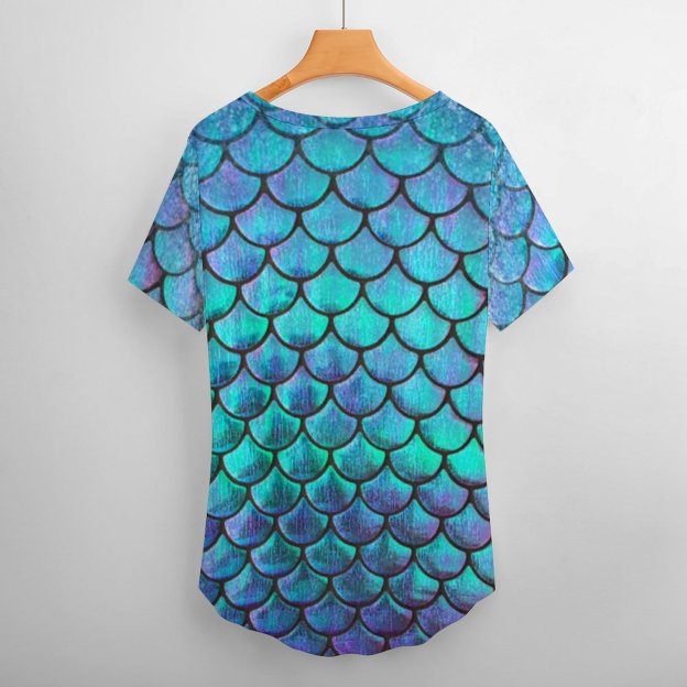 Personalized Mermaid Fish Scale Full Print T Shirts - Custom WomenShort Sleeve Loose Hippie Tunic Tops