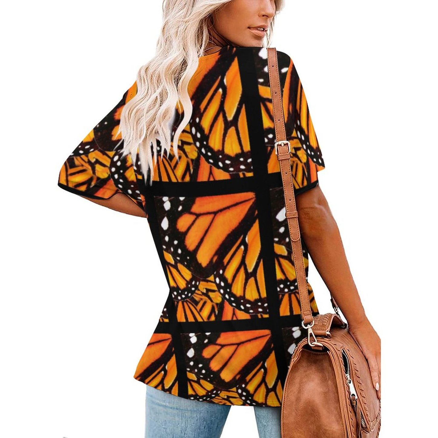 Orange Black Monarch Butterfly Wing Womens Summer Casual T Shirts Boho Full Print Short Sleeve Loose Hippie Tunic Tops-Charlylifestyle