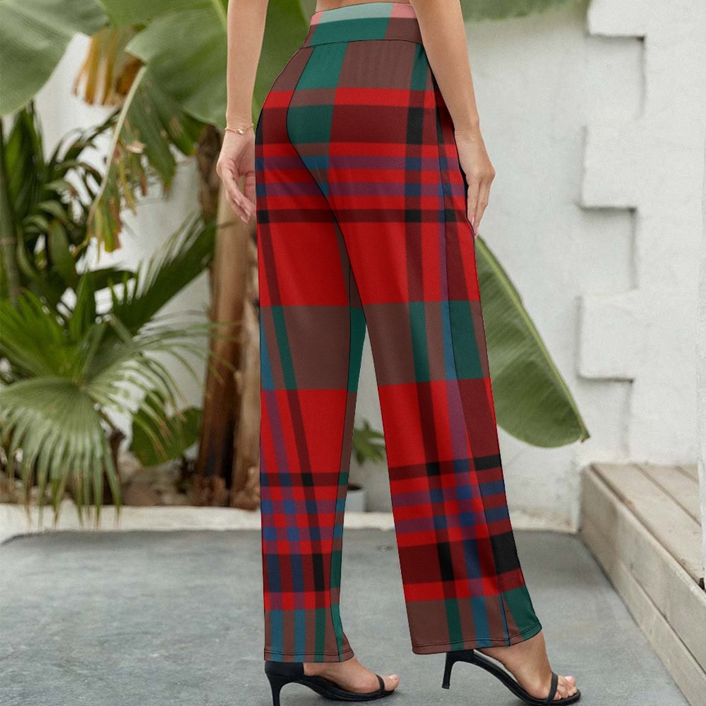 Maguire Tartan Red And Green Plaid Printed Women's High Waist Wide Leg Long Palazzo Lounge Pants-Charlylifestyle