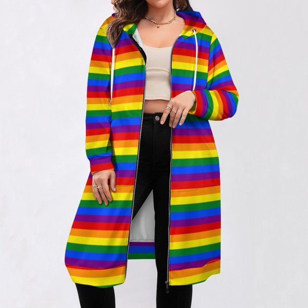 Lgbt Gay Pride Rainbow Flag Colors Stripes Zip Up Long Hoodie Jacket Women Tunic Sweatshirt Plus Size Open Front Cardigan Outfits