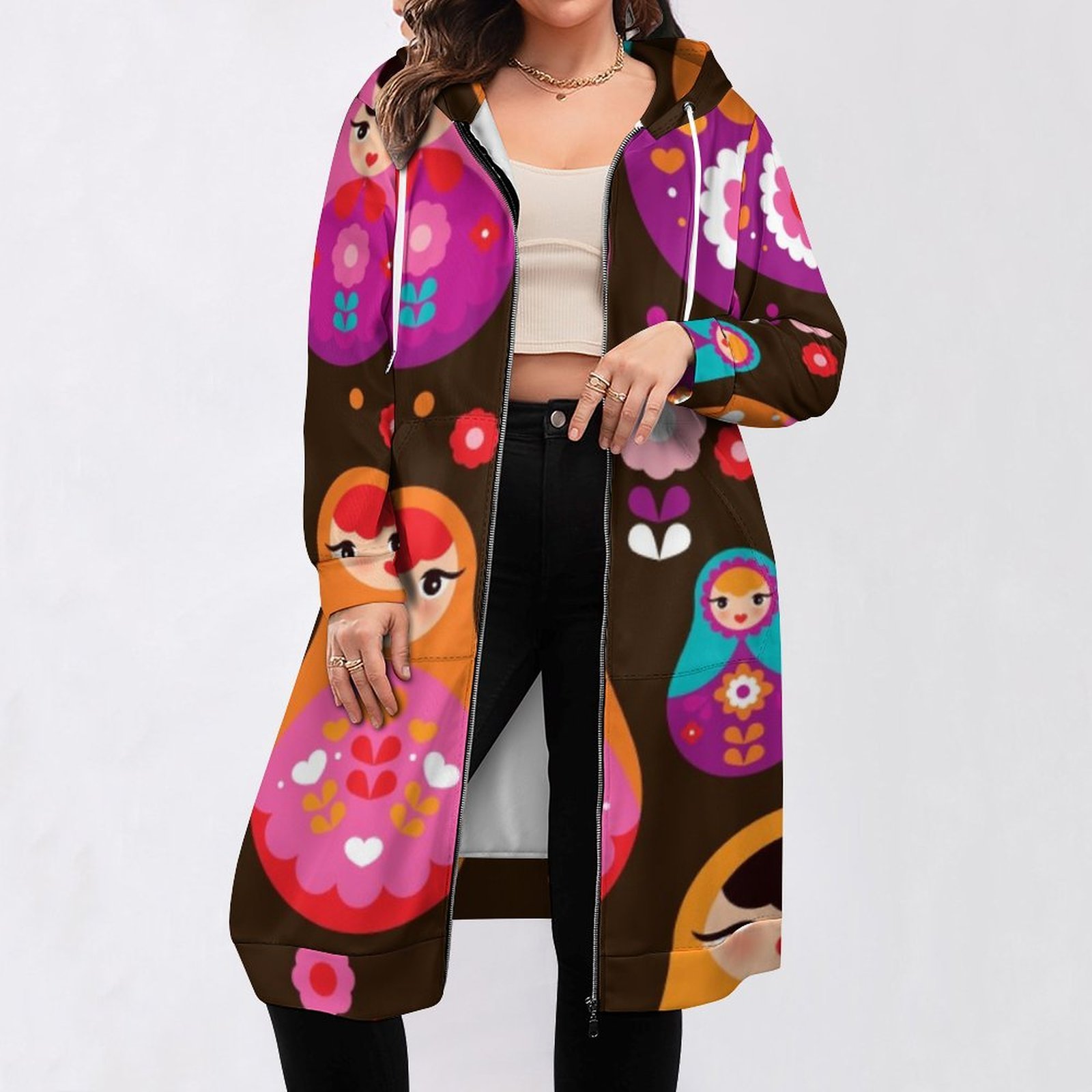 Matryoshka Russian Doll Zip Up Long Hoodie Jacket Coat Women Tunic Sweatshirt Loose Plus Size Open Front Cardigan Outfits