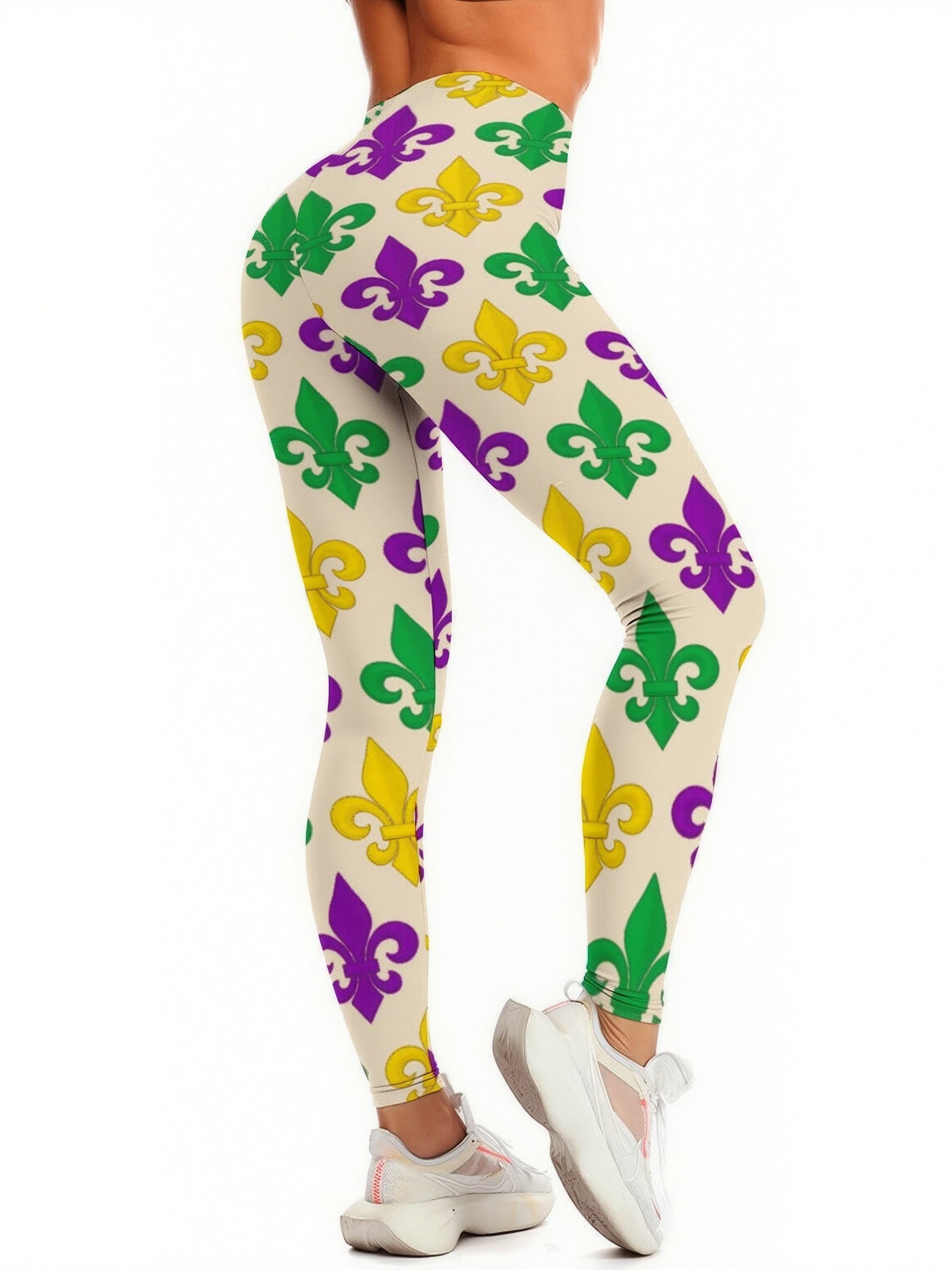 Mardi Gras Green Gold Purple Fleur De Lis Printed Womens High Waist Workout Leggings Thin Fit Gym Yoga Pants