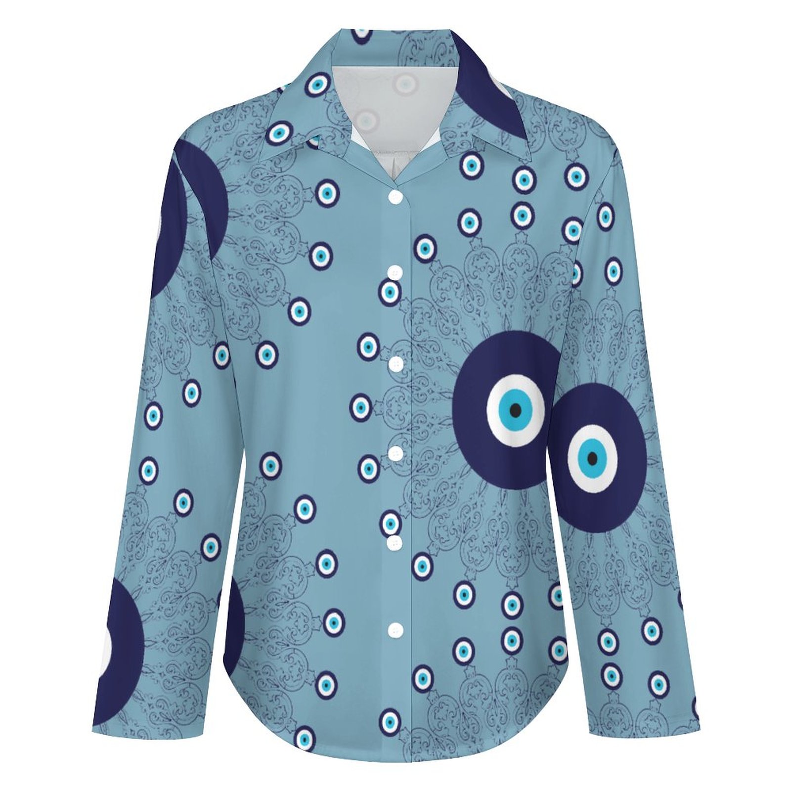 Mediterranean Blue Aqua Evil Eye Mandala Button Down V Neck Shirts Long Sleeve Blouse Roll Up Cuffed Sleeve Casual Shirt Tops