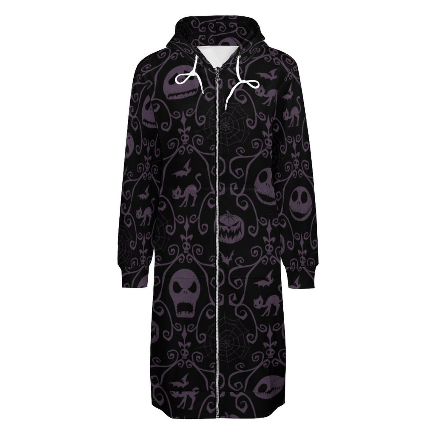 Jack Skellington Halloween Filigree Zip Up Long Hoodie Jacket Women Tunic Sweatshirt Plus Size Open Front Cardigan Outfits