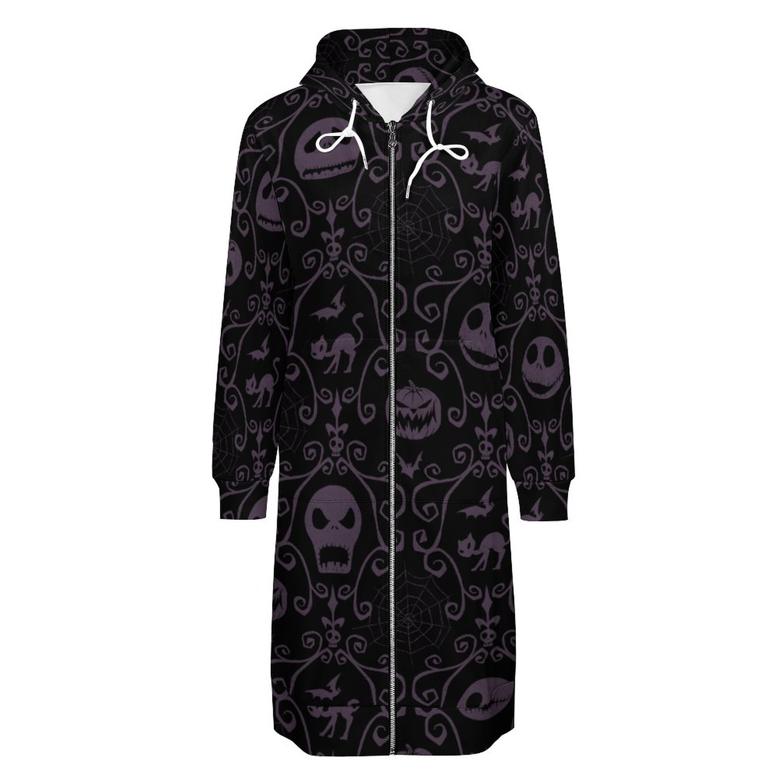 Jack Skellington Halloween Filigree Zip Up Long Hoodie Jacket Women Tunic Sweatshirt Plus Size Open Front Cardigan Outfits