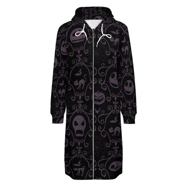 Jack Skellington Halloween Filigree Zip Up Long Hoodie Jacket Women Tunic Sweatshirt Plus Size Open Front Cardigan Outfits