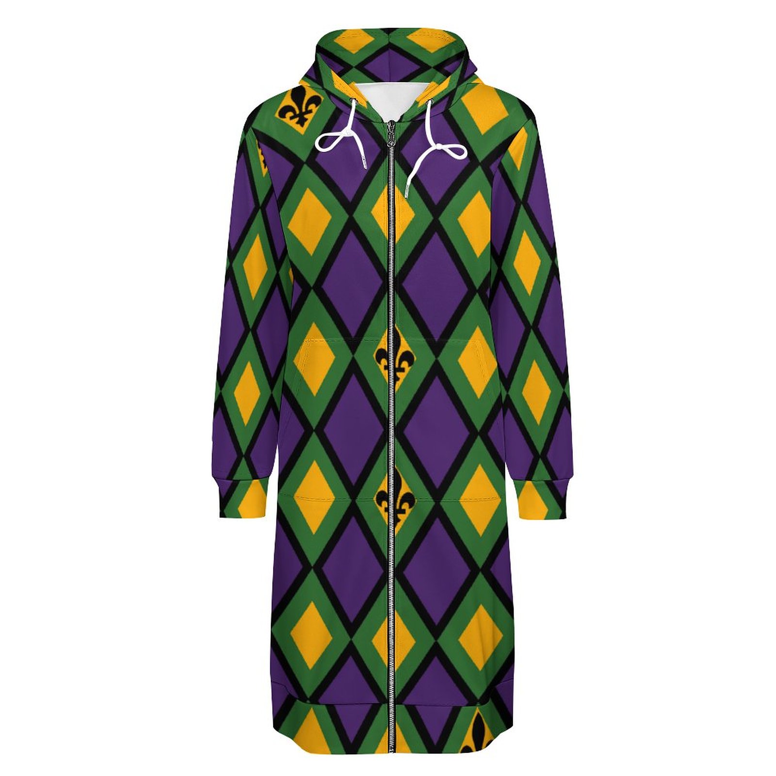Mardi Gras Diamond Zip Up Long Hoodie Jacket Coat Women Tunic Sweatshirt Loose Plus Size Open Front Cardigan Outfits