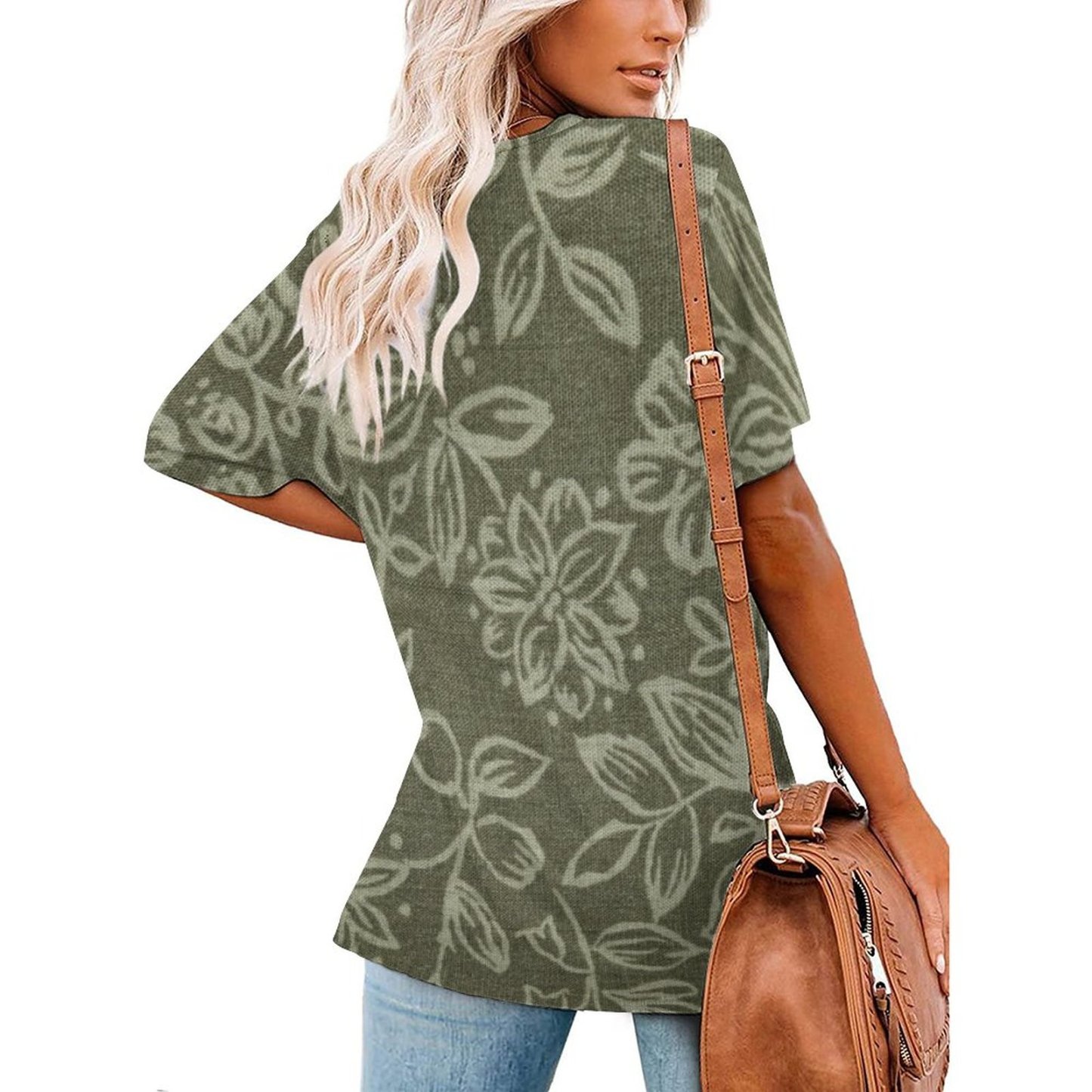 Olive Green Fabric With Foral Womens Summer Casual T Shirts Boho Full Print Short Sleeve Loose Hippie Tunic Tops-Charlylifestyle