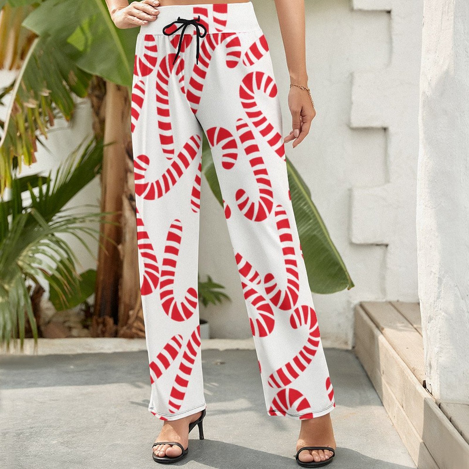 Light Pink Red Candy Cane Printed Women's High Waist Wide Leg Long Palazzo Lounge Pants-Charlylifestyle