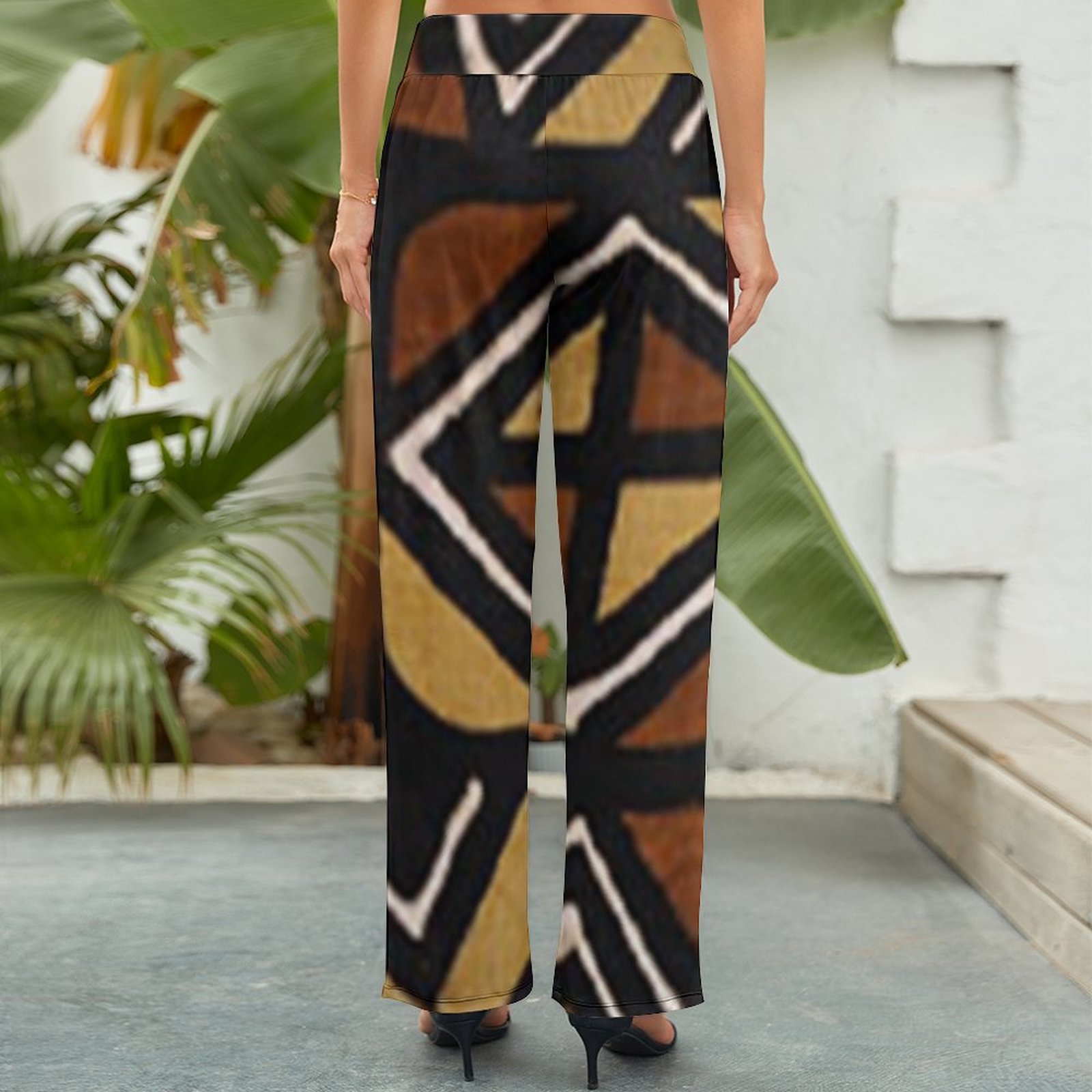 Funny Vintage Kenyan Mud Cloth Women's High Waist Wide Leg Long Palazzo Lounge Pants-Charlylifestyle