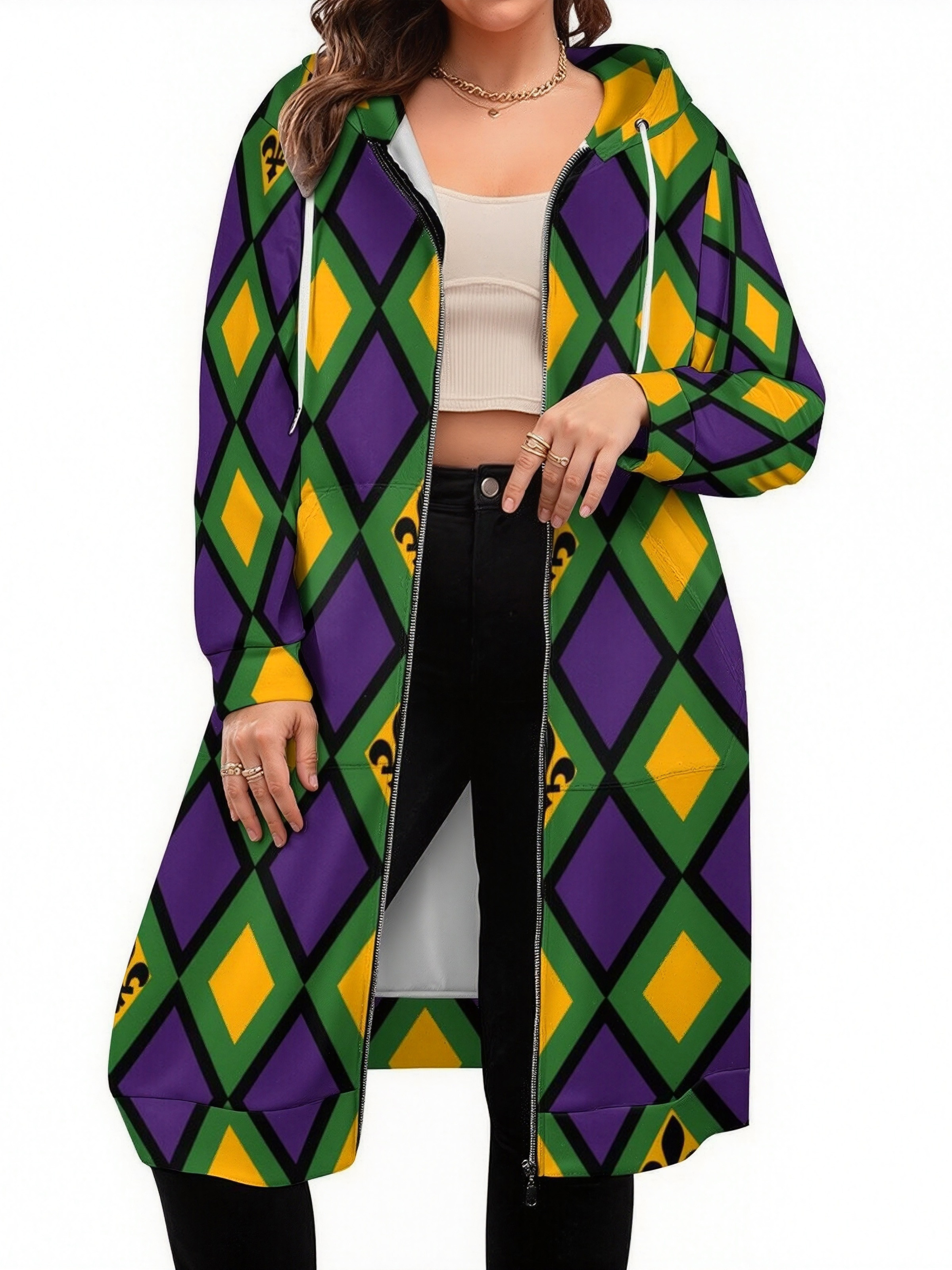 Mardi Gras Diamond Zip Up Long Hoodie Jacket Coat Women Tunic Sweatshirt Loose Plus Size Open Front Cardigan Outfits