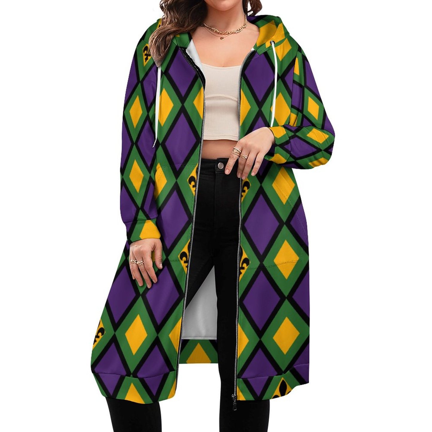 Mardi Gras Diamond Zip Up Long Hoodie Jacket Coat Women Tunic Sweatshirt Loose Plus Size Open Front Cardigan Outfits