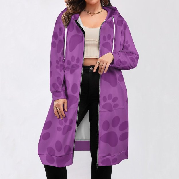 Lilac Purple Dog Paw Print Zip Up Long Hoodie Jacket Coat Women Tunic Sweatshirt Loose Plus Size Open Front Cardigan Outfits