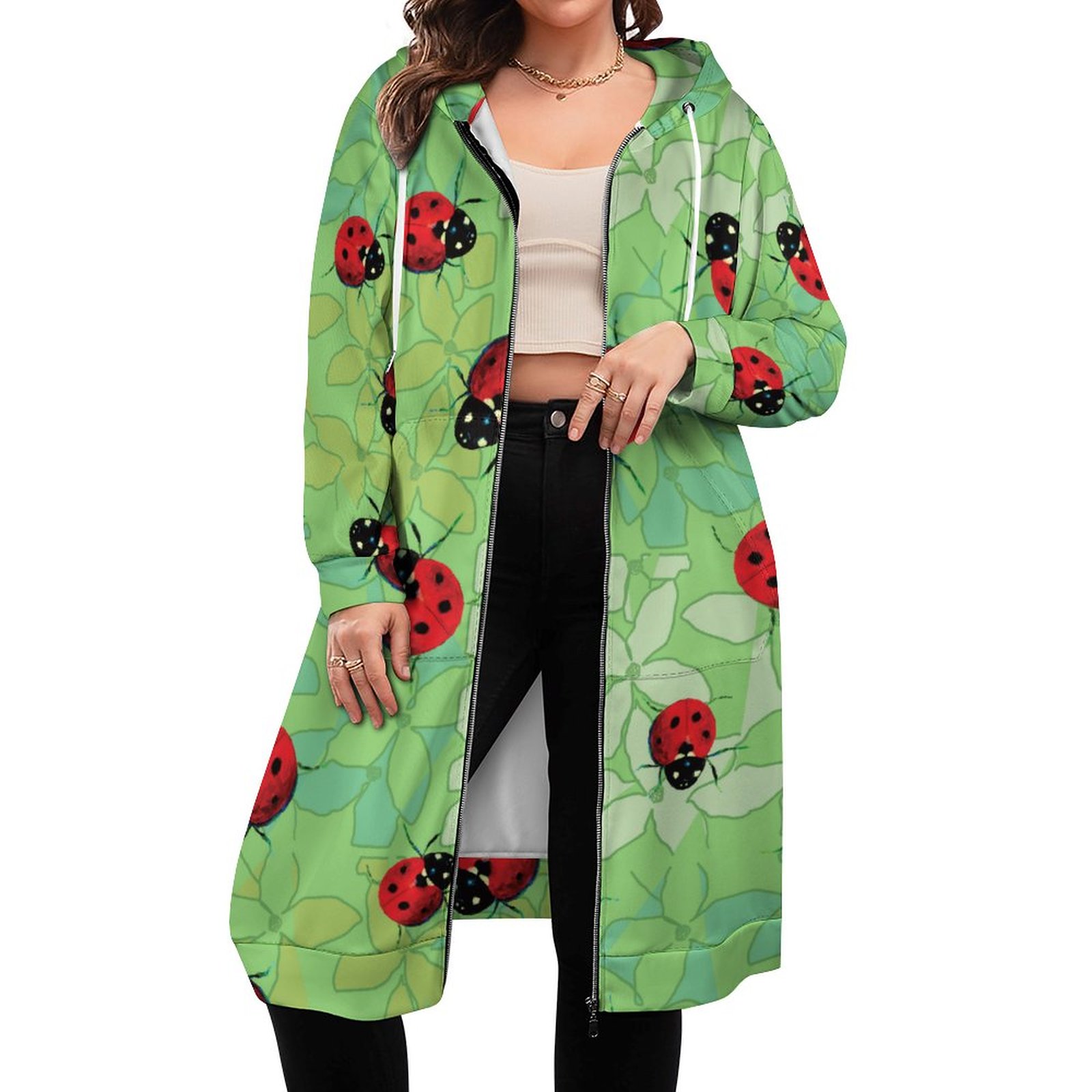 Ladybug Petals Green Zip Up Long Hoodie Jacket Coat Women Tunic Sweatshirt Loose Plus Size Open Front Cardigan Outfits