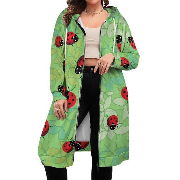 Ladybug Petals Green Zip Up Long Hoodie Jacket Coat Women Tunic Sweatshirt Loose Plus Size Open Front Cardigan Outfits