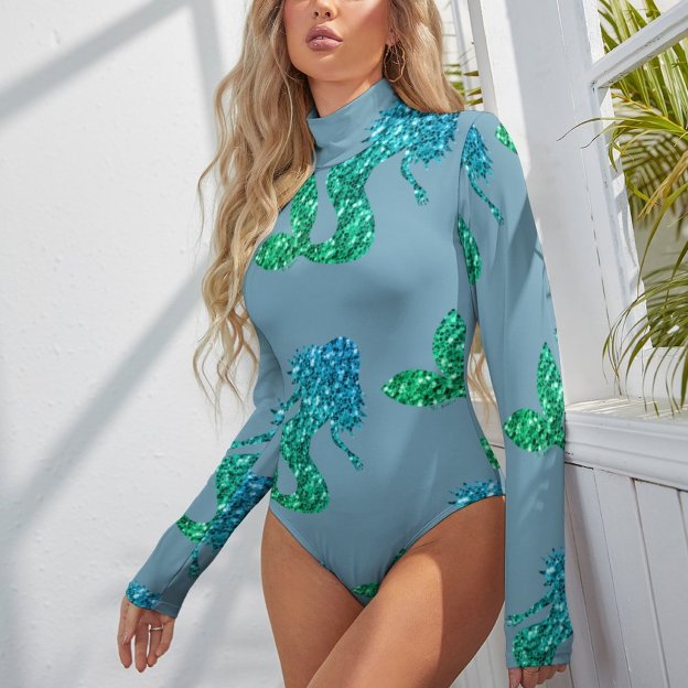 Mermaid Blue Green Ombre Sparkles Women Mock Turtle Neck Long Sleeve Tops Bodysuit Slim Fit Body Suit Basic T Shirts Jumpsuit