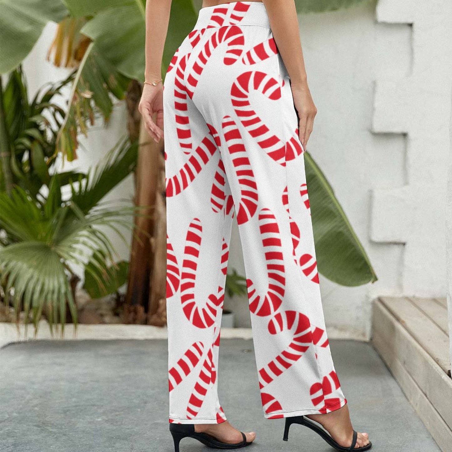 Light Pink Red Candy Cane Printed Women's High Waist Wide Leg Long Palazzo Lounge Pants-Charlylifestyle