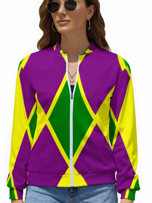 Mardi Gras Fat Tuesday Harlequin Women boyfriend Zip Up Bomber Jacket Long Sleeve Open Front Cardigan Tops