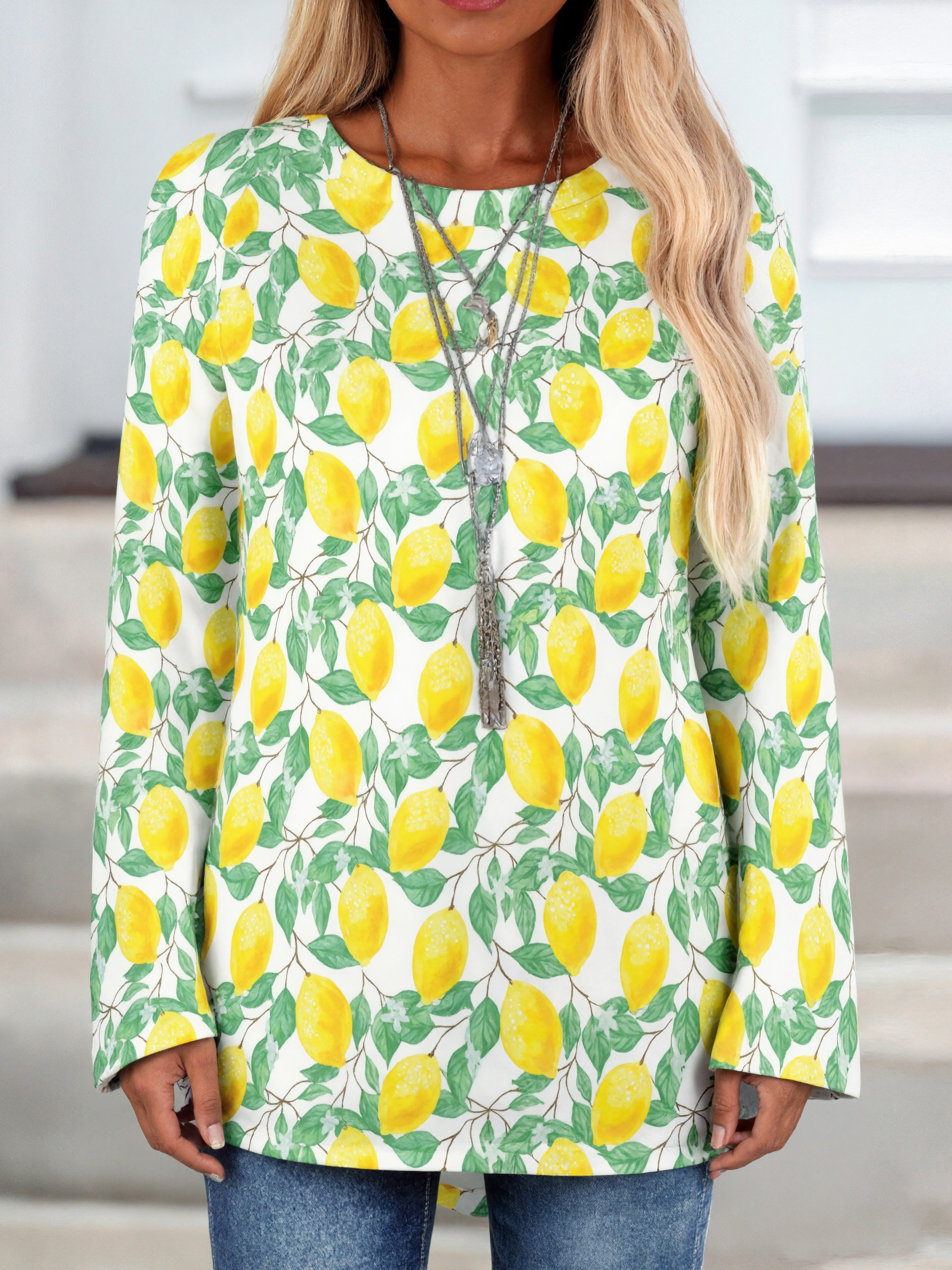 Lemons Yellow White Green Summer Crew Neck Round Hem Loose T-Shirt Women Raglan Sleeve Pullover Sweatshirts Plus Size Tops