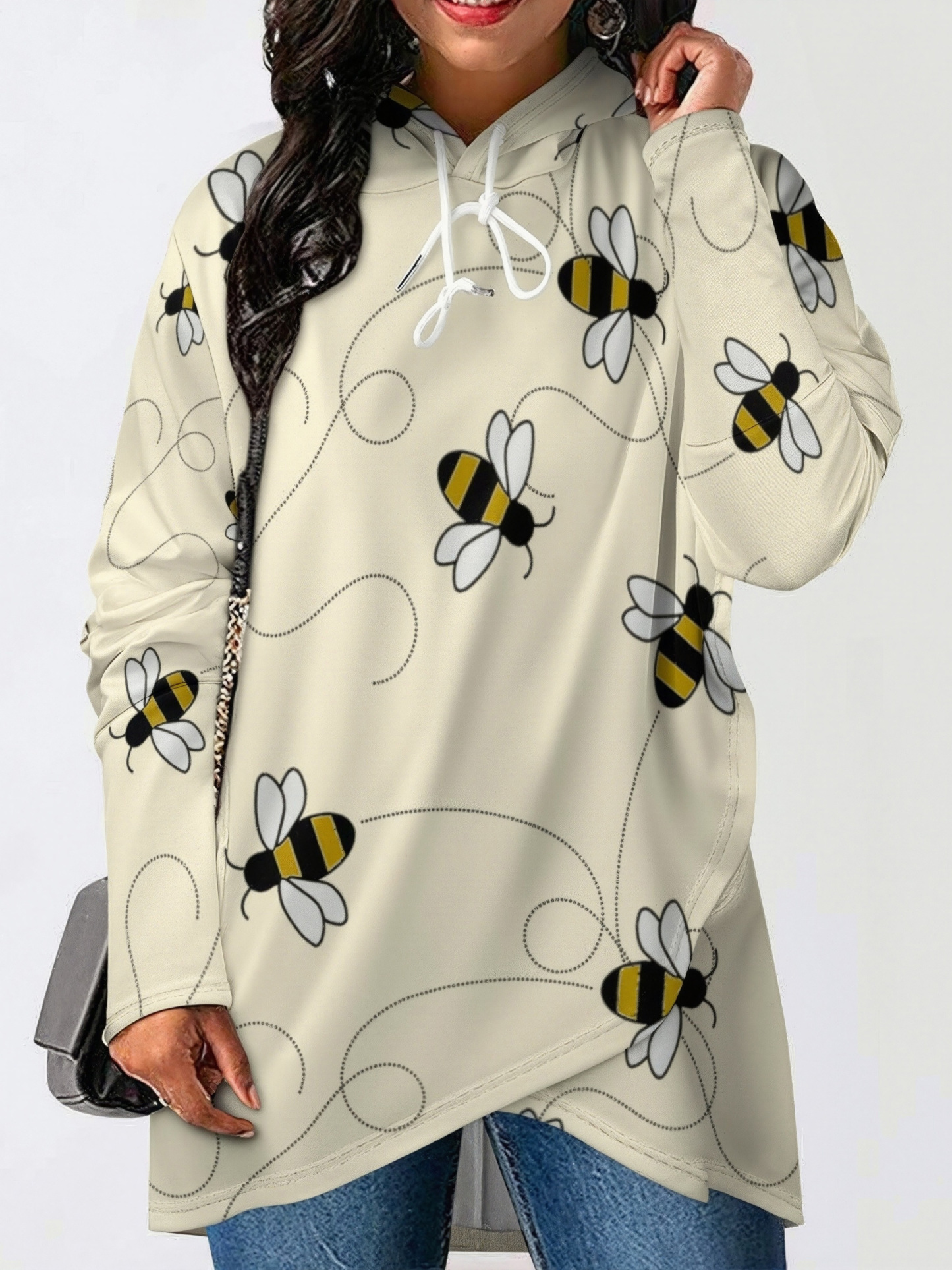 Modern Bumble Bees Women Long Sleeve Pullover Irregular Hem Hoodies Casual Tunic Asymmetric Hooded Sweatshirt