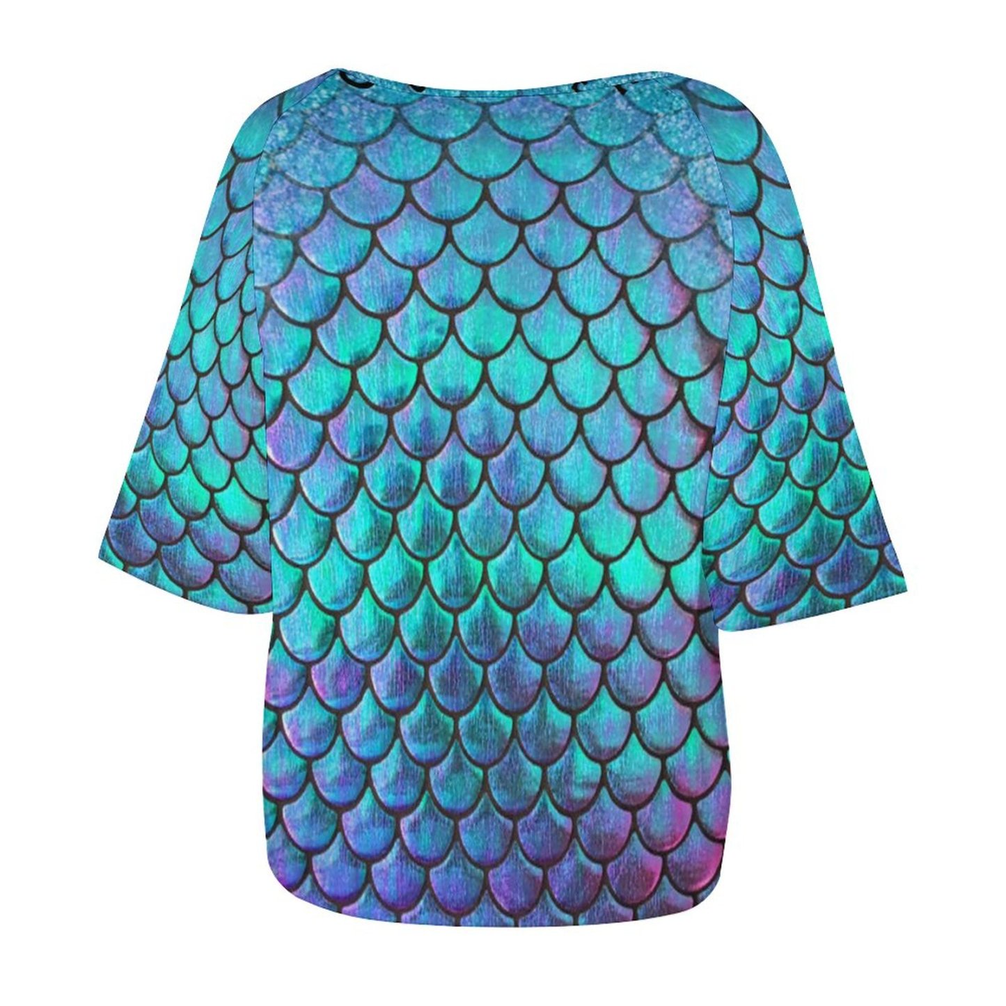 S-5XL Summer Mermaid Fish Scale 3/4 Bell Sleeve T-Shirt Elbow Length Basic hippie Tunics Tops for Women-Charlylifestyle