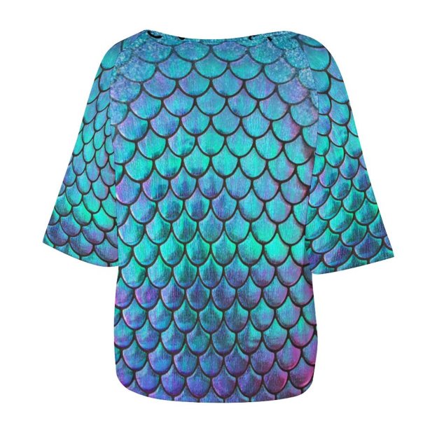 S-5XL Summer Mermaid Fish Scale 3/4 Bell Sleeve T-Shirt Elbow Length Basic hippie Tunics Tops for Women-Charlylifestyle