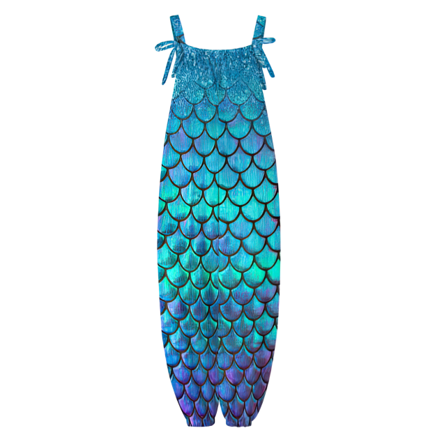 Personalized Mermaid Fish Scale Print Baggy Harem Overall Jumpsuit - Custom Casual Long Pants Rompers