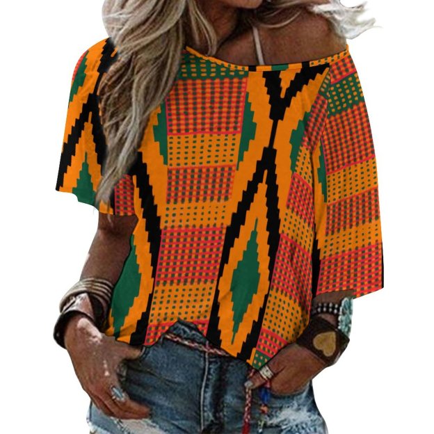 S-5XL Funny Vintage Kente 3/4 Bell Sleeve T-Shirt Elbow Length Basic Tunics Tops for Women-Charlylifestyle