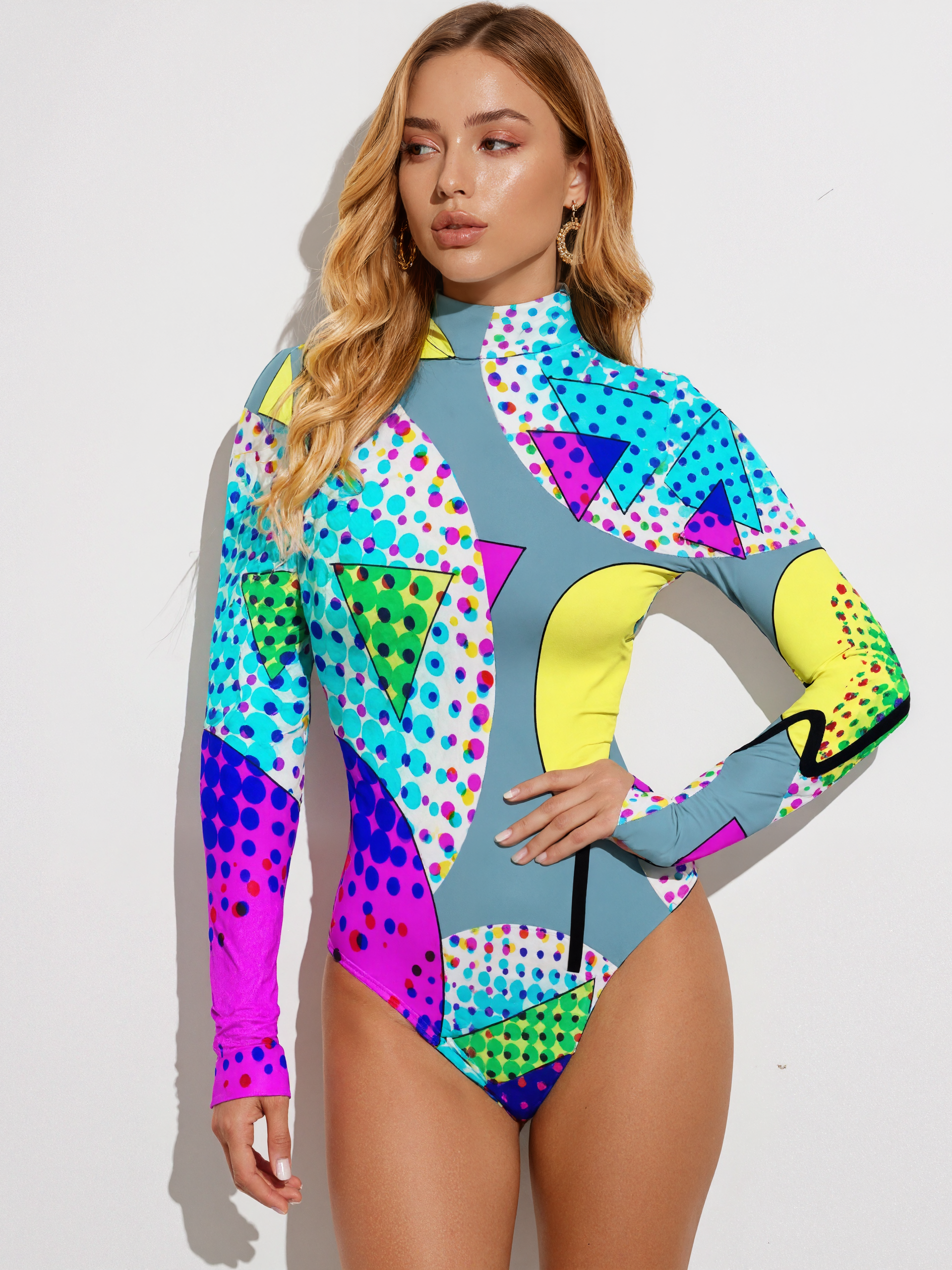 Modern Funky 80S Memphis Geometric Women Mock Turtle Neck Long Sleeve Tops Bodysuit Slim Fit Body Suit Basic T Shirts Jumpsuit