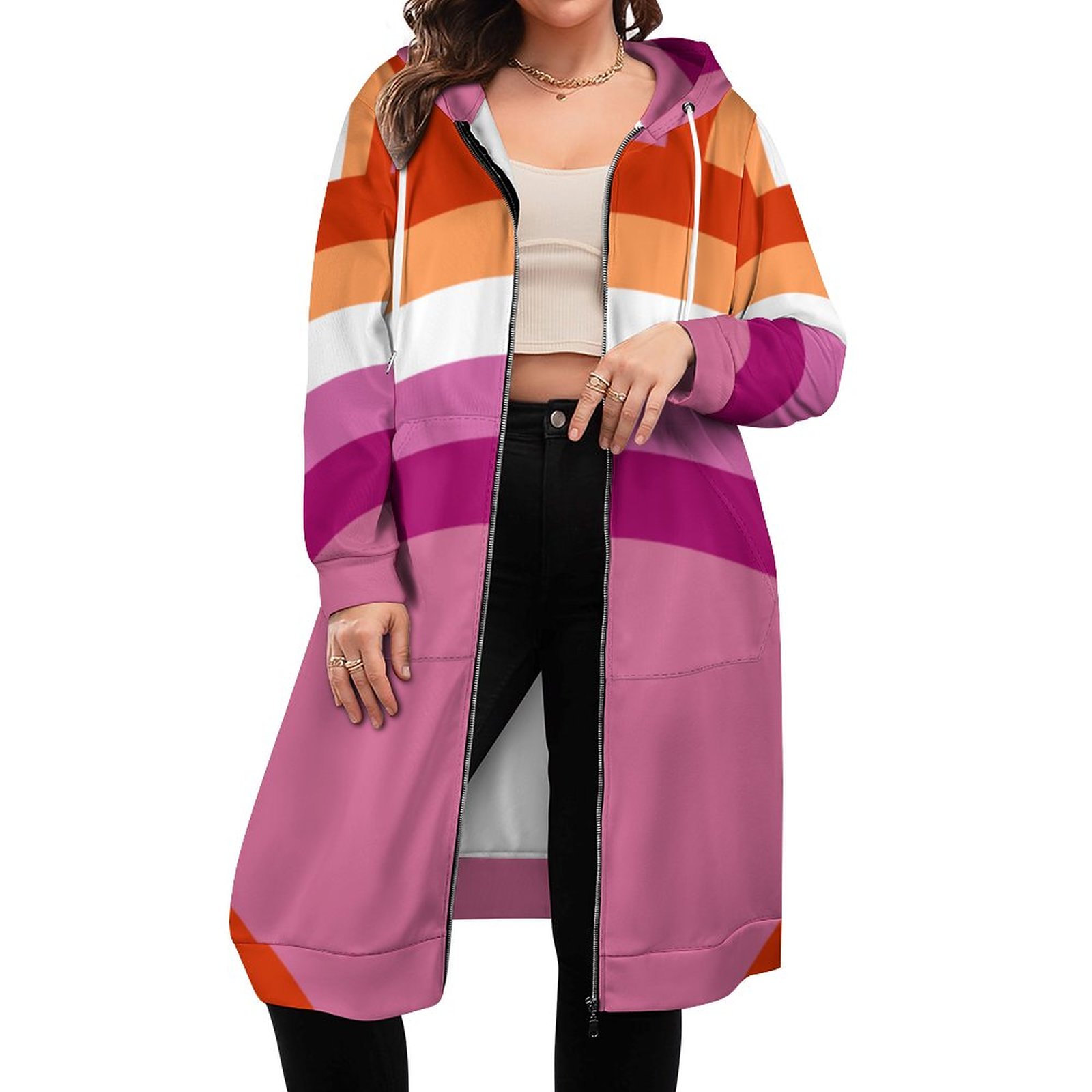 Lesbian Pride Flag Rainbow Zip Up Long Hoodie Jacket Coat Women Tunic Sweatshirt Loose Plus Size Open Front Cardigan Outfits