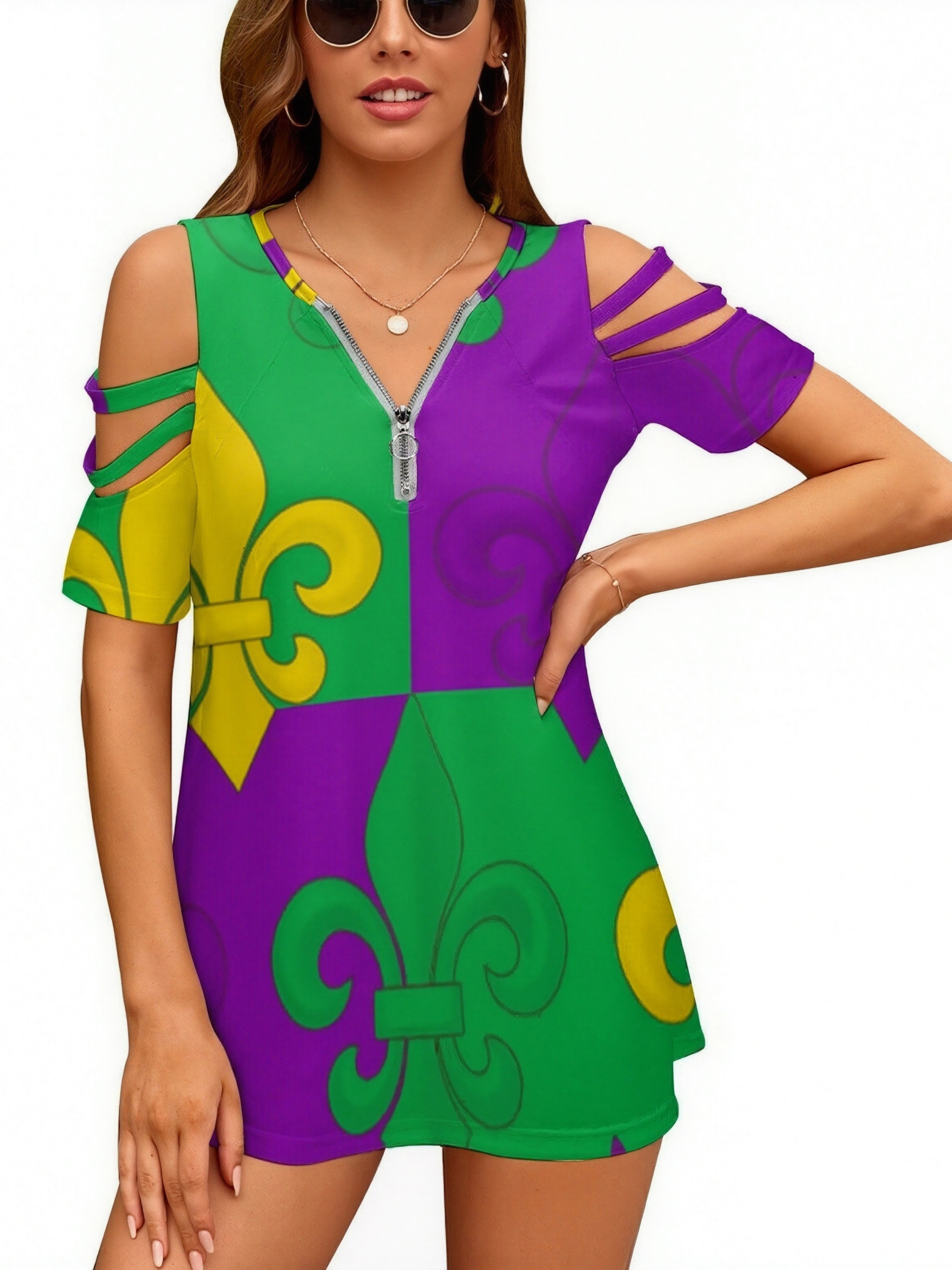 S-3XL Woman Mardi Gras French Fleur De Lis Cold Shoulder Shirt Women Short Sleeve Half Zip Front Tunic Tee Tops