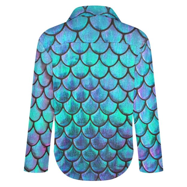 Personalized Mermaid Fish Scale Button Down Shirts- Custom Women Long Sleeve Blouse Tops Gift for Her