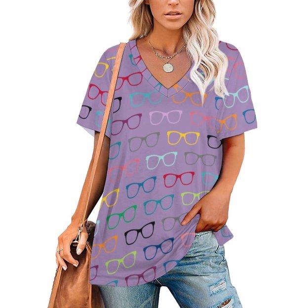 S-4XL Multi Color Eyeglasses Women T Shirts Basic V-Neck Tee Loose Vintage Fitting Oversize Short Sleeve Tops-Charlylifestyle