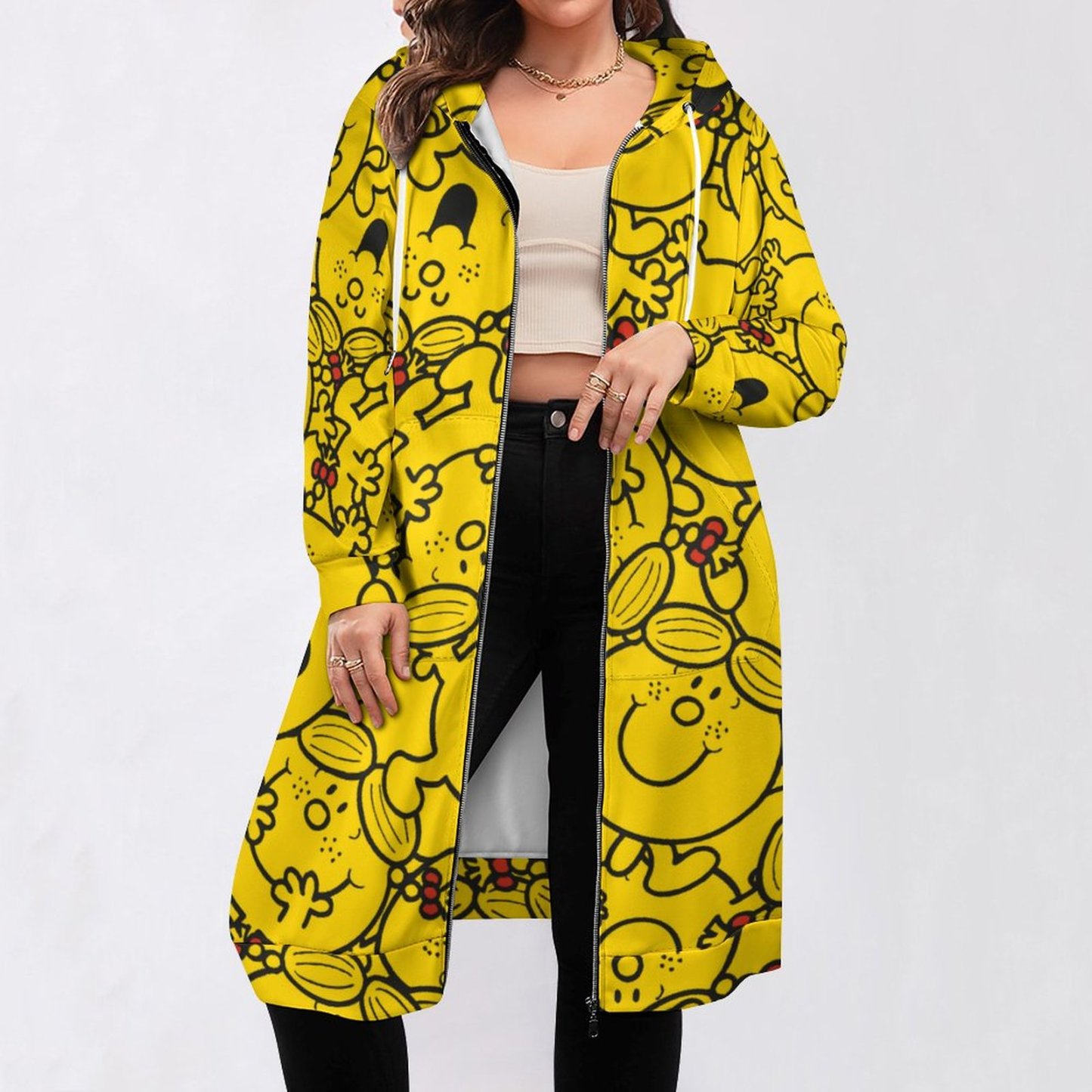 Little Miss Sunshine Fun Yellow Smiles Zip Up Long Hoodie Jacket Women Tunic Sweatshirt Plus Size Open Front Cardigan Outfits
