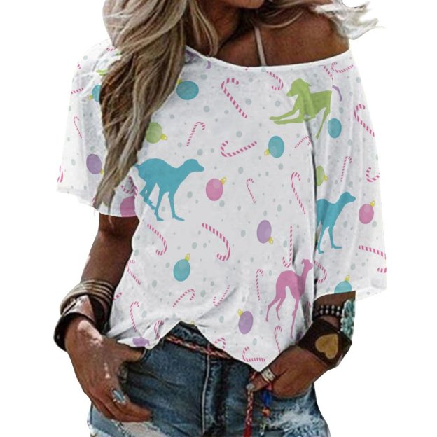 Italian Greyhound Dog Silhouette Christmas O Neck Batwing Half Sleeve Shirts Women Loose Blouse Print Tops-Charlylifestyle