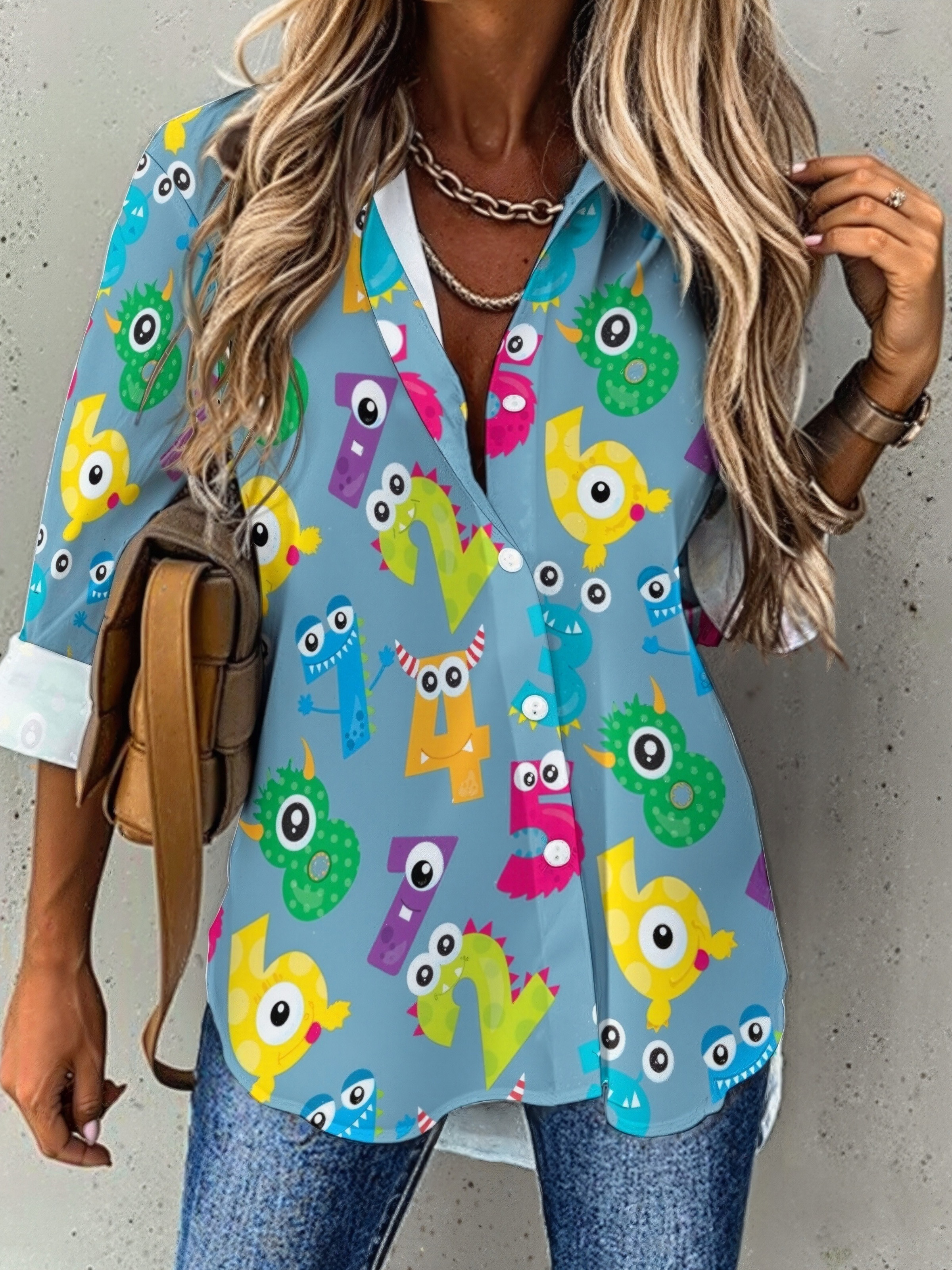 Monster Numbers School Teacher Math Button Down V Neck Shirts Long Sleeve Blouse Roll Up Cuffed Sleeve Casual Shirt Tops